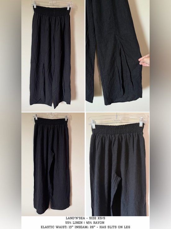 Land N Sea Pants - land’n’sea linen blend smock waist slit wide leg black pull on easy pants size S